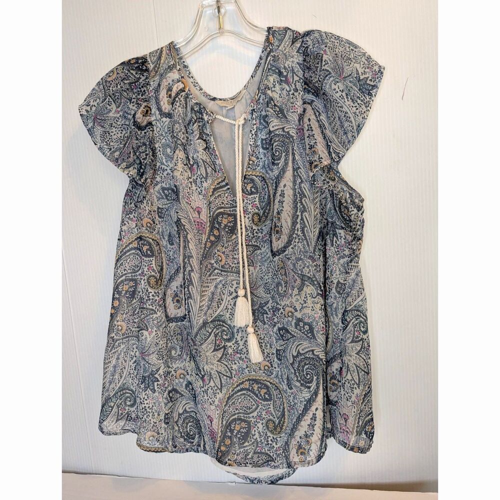 Lucky Brand Womens Large Gray Paisley Chiffon Sleeveless Blouse Shirt Top Tassel